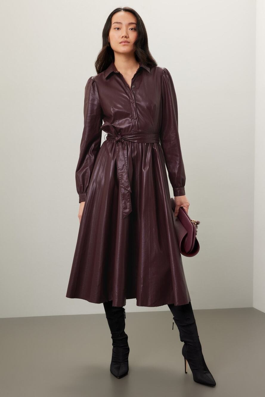 Peter Som Pleated Faux Leather Brown Long Sleeve Midi Shirt Dress Size 4